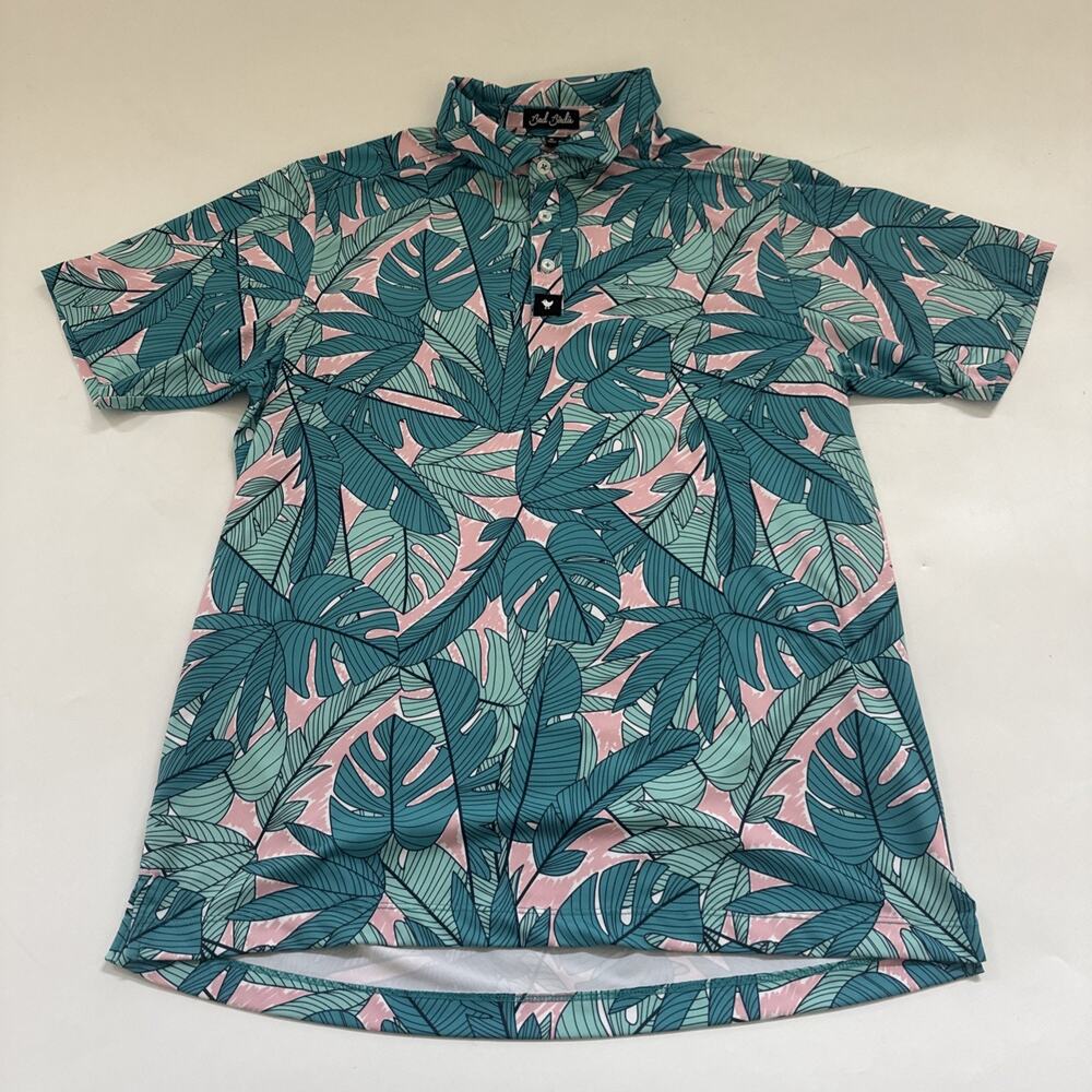 Bad Birdie Polo Shirt Medium Floral‎ Hawaiian Performance Golf Leaves Aloha